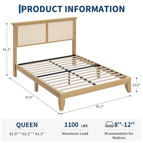 Garvee Bohemian Queen Rattan Bed LED Natural Headboard Bedroom | Bohemian queen rattan bed with natural headboard, LED lights, solid wood frame. No box spring needed for bedroom use. - size: Queen(0 Drawers)