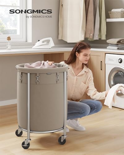 SONGMICS Laundry Basket, Rolling Steel Frame with 2 Locking Wheels, 110 L | Heavy-Duty Laundry Hamper Cart with Removable Bag, Camel Brown and Metallic Silver, URLS002N01 - color: Camel Brown + Metallic Silver, size: 110 L (1-Section)