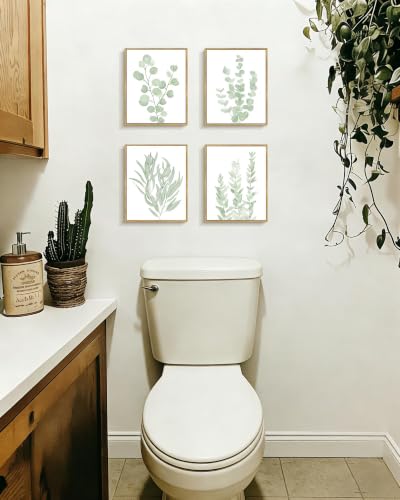 Drsoum Framed Botanical Plant Canvas Wood Wall Art Light Green Sage Wall Decor Eucalyptus Leaf Picture for Bedroom Living Room Bathroom Office 8”x 10” x 4pcs - color: Botanical Wall Art, Natural Frames, size: 8''x 10''x 4pcs