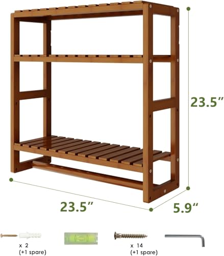 Galood Over The Toilet Storage Bathroom Shelves Wall Mounted 3 Tier Brown-L | Space Saver Corner Shelf Organizer Bamboo Towel Rack Toilet Paper Cabinet with Hanging Rod - color: Brown 1pack, size: Large