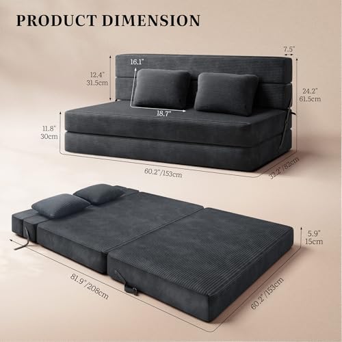 60"Convertible Sofa Bed,Loveseat Folding Floor Futon Sleeper Sofa Couch Bed | Boneless Foldable Couch, Corduroy Pull Out Sofa Bed with 2 Pillows for Living Room & Bedroom,Black - color: Black, size: 60.2in