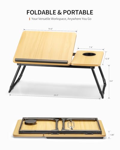 FISYOD Foldable Laptop Desk for Bed Couch, Adjustable Split Lap Desk with Cup Holder, Portable Lightweight Bed Table Tray, Heavy-Duty Laptop Stand for Working, Writing, Reading and Eating - Oak - color: Oak