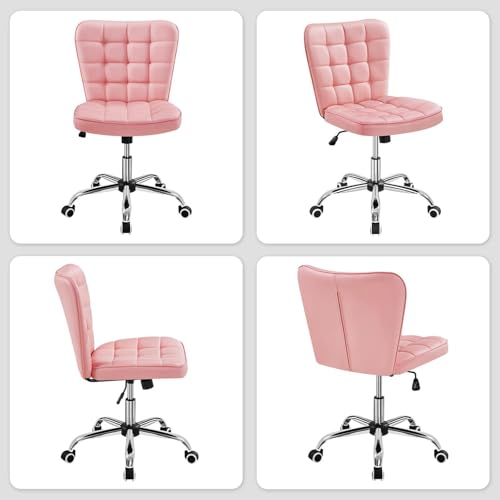 Yaheetech Pink Tufted Armless Office Desk Chair with Wheels, Faux Leather | Thick foam cushioned seat tilts back to relax, lifts 18-22 in, spins 360 degrees, holds 300 lb, and assembles with ease. - color: Pink