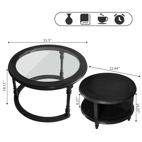 Nesting Coffee Table for Living Room, Round Tempered Glass Solid Wood Nest Coffee Tables with Storage, Retro Small Accent Center Table for Small Space Apartment (31.5''D×18''H-Balck) - color: A-black