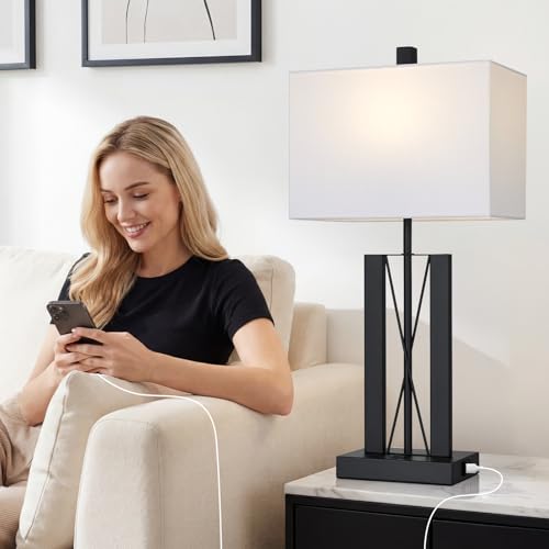 Lolikit 25" Table Lamps for Living Room Set of 2, Modern Table Lamp with 2 USB Charging Ports, Nightstand Geometric Bedside Lamp with White Shade for Bedroom End Table Desk Office(2 LED Bulb Included) - color: White - 25"H