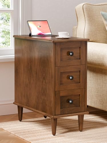 No Assembly Required End Table with Built-in Charging Station | 3 Drawers Narrow Side Table with Outlets and USB Ports, Slim Nightstand for Living Room, Bedroom, Entryway - color: Brown, size: 1 Piece