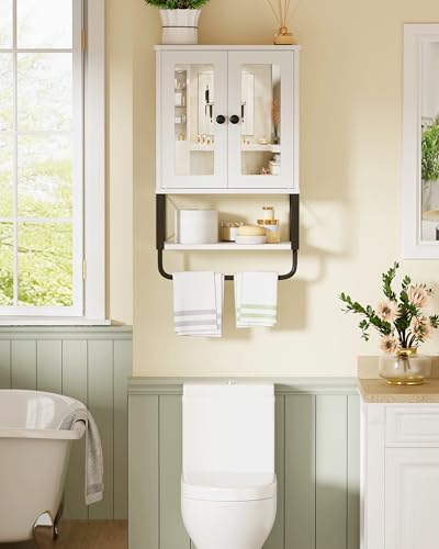 BEWISHOME Bathroom Medicine Cabinet Mirror with Towel Bar | Wall Cabinet with Adjustable Shelf Hooks, Space-Saving Over-Toilet, 7.1 x 15.4 x 24.4 Inches, White - color: White