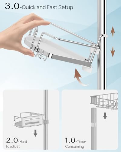 ALLZONE Corner Shower Caddy Tension Pole, 4 Hang-On Basket with Mixed-Height Shelves for Various Bottle Sizes, Extra Hooks & Soap Holder, Rustproof Stainless Steel, Fits 34–116 Inch, Silver/White - color: Silver/White