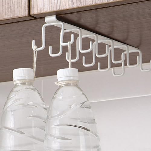 FABULETTA Under Cabinet Cup Rack, Iron Wire Mug Holder for Kitchen Wardrobe, No Punching Storage Organizer for Cups Spoons Towels, White or Black(White) - color: White