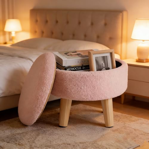 DUMOS Round Storage Ottoman with Reversible Tray Lid, Multi-Functional Footrest, Teddy Velvet Footstool with Wood Legs, Small Coffee Table for Living Room, Bedroom, Pink - color: Pink