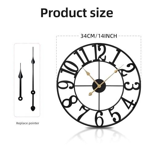 Wall Clock Battery Operated,Silent Non Ticking Modern Rustic Metal Small Clocks for Living Room/Bedroom/Office/Kitchen/Farmhouse Home Decor-14IN(Arabic Number-Black) - size: 14 inch