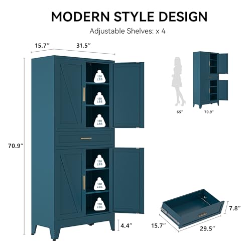 COFaR 71" Metal Pantry Cabinet with Drawer, Peacock Blue Storage Cabinet with Adjustable Shelves, 3-Section Modern Statement Cupboard for Kitchen & Bathroom - color: Peacock Blue, size: 71"H 6 Tiers & Drawer