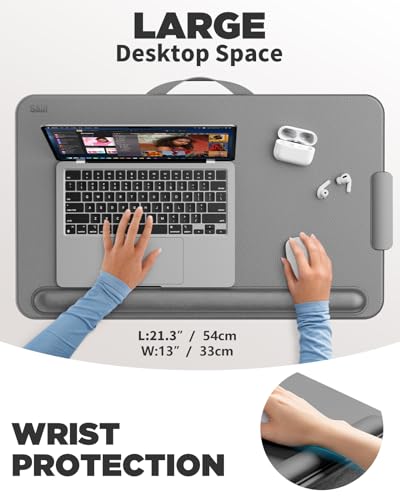 SAIJI Lap Desk with Cushion, Computer Laptop Stand, Lap Laptop Table | Built-in Drawer Storage, Phone Holder, Wrist Pad, Fits Up to 17" Laptops,Leather Surface, Lap Stand for Bed & Couch - color: Gray