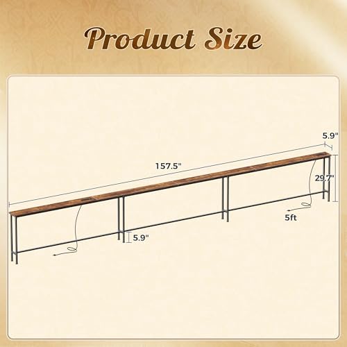Huuger 157.5 Inch Sofa Table with Power Outlets, Skinny Behind Couch Table | 5.9 Inch Narrow Entryway Table, Extra-Long Console Table, Behind the Couch Table with Outlet for Living Room, Rustic Brown - color: Rustic Brown, size: 5.9''D × 157.5''W × 29.7''