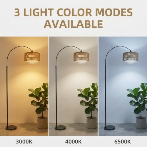 Arc Floor Lamp for Living Room with 12W Bulb,61.5"-72.4" Height Adjustable Rattan Floor Lamps with 3 Color Temps, Farmhouse Arched Standing Lamp,Boho Floor Lamp, Arched Floor Lamps for Bedroom, Office - color: Black