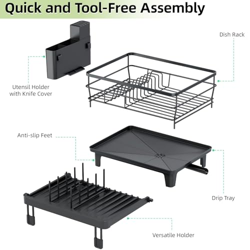 TOOLF Expandable Dish Drying Rack for Kitchen Counter, Black | Extendable 12"-22"W, Fast Draining, Large Capacity, Fits Large Plates, Utensil Holder, 3-4 People Family - size: 1-Tier(Front Extension)