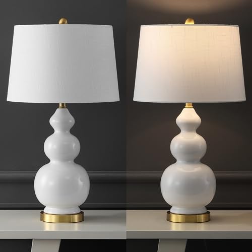 JONATHAN Y Bowen 27.5" Ceramic Triple Gourd Table Lamp, White/Brass Gold | Contemporary, White Linen Drum Shade, Modern Transitional Style, Metal Base, LED Bulb Included - color: White