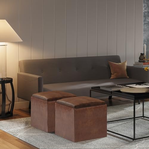 SIMPLIHOME Rockwood 17" Wide Vegan Leather Storage Ottoman in Denim Blue | Distressed saddle brown, contemporary ottoman with flip-over tray top and hidden storage; cube storage bench for living room. - color: Distressed Saddle Brown