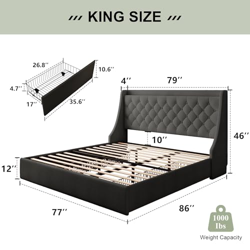 Feonase Upholstered King Size Bed Frame with 4 Storage Drawers, Large Wingback Headboard, No Box Spring Needed, Black - color: Black, size: King
