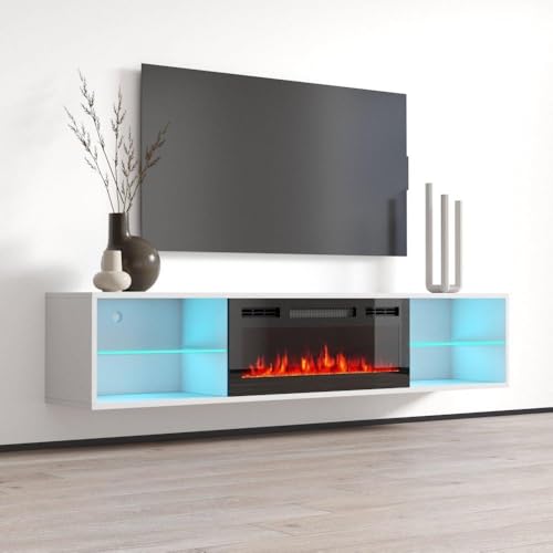 Meble Furniture Lima EF Floating Fireplace TV Stand — Wall Mounted Electric Fireplace Media Console — Matte Finish, 72 inches — Black