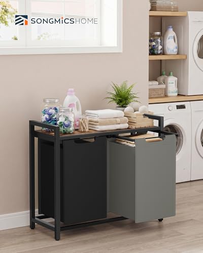 SONGMICS HOME Laundry Basket Sorter with Storage Shelf, Laundry Hamper with Metal Frame, 2 x 12.1 Gallons (46 L), Bicolor and Rustic Brown - color: Bicolor + Rustic Brown, size: 2 Bags-92L
