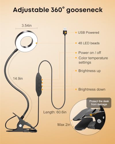 Clip on Light 5W Desk Lamp, Eye Caring Reading Light for Bed | 3 Colors & 6 Brightness, 48 LED Beads, 360° Flexible Metal Gooseneck,Black - color: Black
