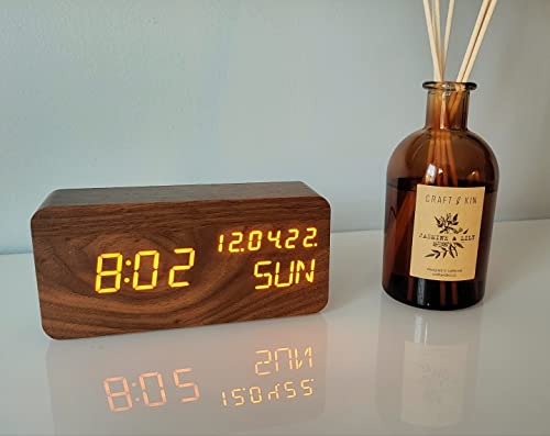 Wood Digital Alarm Clock Desk Time, Date(MM/DD/YY), Day of The Week, Temperature, Nightlight Large LED Display Portable Lamp Bedroom, Office, School, Home, Livingroom, Room (Brown) - color: Brown