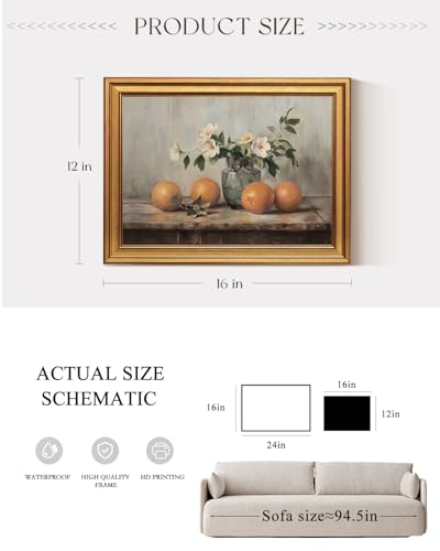 VIYYIEA Vintage Gold Framed Canvas Prints Wall Decor, Farmhouse Vintage kitchen Wall Art, Classical Oranges Still Life Paintings, Rustic Pictures for Dining Room Living Room Shelf, 12x16inch - color: White Roses Vase, size: 16"L x 12"W