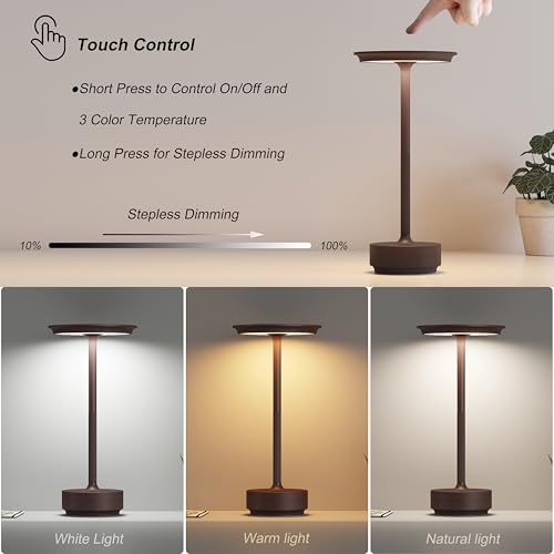 TBBGA 1 Pack Rechargeable Table Lamps Cordless, 5000mAh Outdoor Table Light | 3 Color Stepless Dimming Portable LED Table Lamp with Memory Function, for Home/Dinner/Patio/Restaurant.(Rust) - color: Rust-1