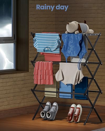 Oversize 3-Tier Clothes Drying Rack, No Install, Black | Expandable Design, Non-slip feet, Tool-free Setup, Rust Prevention, Sturdy Construction, 14.9" D x 29.3" W, Holds 24lbs - color: Black