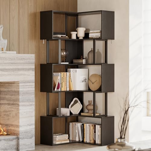 Garvee Corner Bookshelf, 62.6" Tall Metal Wooden Bookcase, Modern Freestanding Corner Shelf with Baffle, 5-Tier L-Shaped Display Rack Storage Organizer for Home Office, Living Room | Modern Freestanding Corner Shelf with Baffle, 5-Tier L-Shaped Display Ra