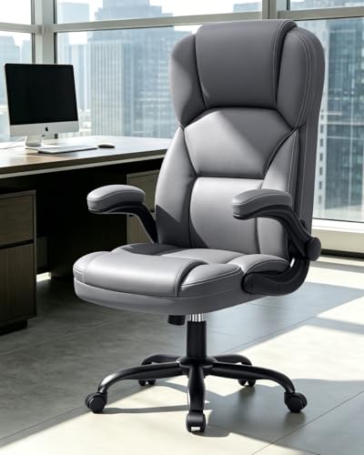 Leather Office Chair with Flip Up Arms, 360° Swivel Ergonomic Desk Chair with Wheels, Adjustable Height Computer Chair with Padded Seat for Home Office, Study,Gaming Room, Gray - color: Grey