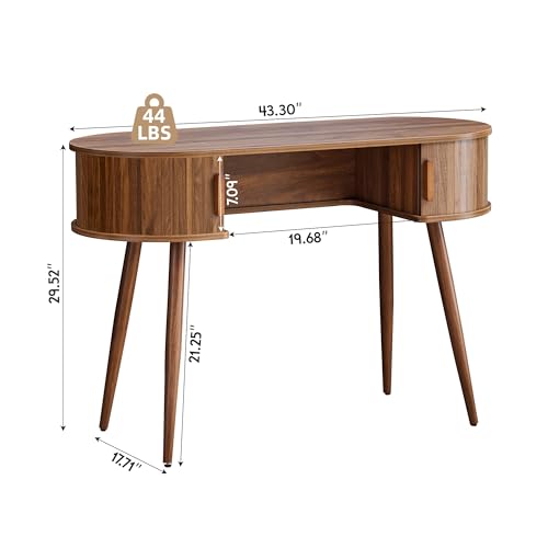 43" Wood Writing Desk, Laptop Desk with Storage, Vanity Table Study Desk | Mid-Century Writing Desk, Walnut Laptop Desk with Storage, Fluted Vanity Table Desk for Office, Bedroom, Study Room - color: Walnut-43 Inch