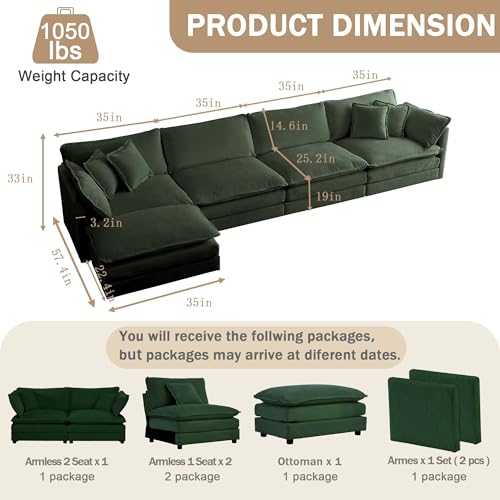 4 Seater Sectional Sofa,146.5 inch L-Shape,Green | Oversized Modular Couch Deep Seat - color: Green, size: 146.5 inch-L