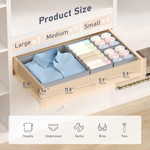DIMJ Drawer Organizer Clothes Storage - 20 Pack Baby Dresser Organizer for Nursery, Foldable Closet Drawer Organizer Bins for Bedroom Organization, Fabric Storage Dividers for Socks, Underwears, Bras - color: Gray, size: 20 Pack