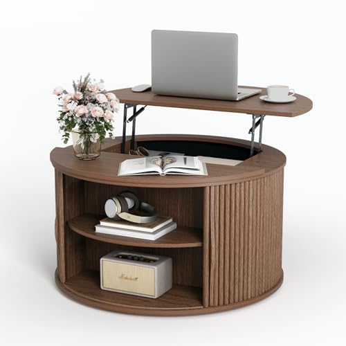 SULIVES Round Coffee Table with Lifting Top, Multifunctional Lift Top Drum Coffee Table with Sliding Door, Small Fluted Center Table for Living Room, Walnut - color: Walnut_round-lift-top