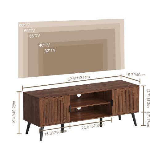 ChooChoo TV Stand with Open Shelves for 55/60 Inch TVs, Mid Century | 15.7"D x 53.9"W x 19.4"H, Entertainment Center with Storage Cabinet, 2 Cable Holes, for Living Room, Bedroom, Walnut - color: Walnut, size: 15.7"D x 53.9"W x 19.4"H