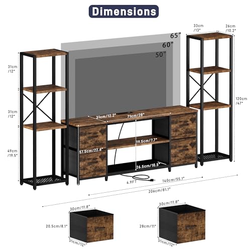 LED TV Stand Bookshelf Combo with Charging Station for 65 60 55 Inch TV, Entertainment Center with Lights & Drawers, Industrial Media TV Console Table for Living Room Bedroom Office, Rustic Brown - color: Rustic Brown