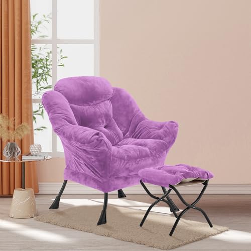 Youtanic Lazy Chair with Folding Ottoman, Accent Chair Plush Upholstered with Metal Structure and Non-Slip Pads, Sofa Armchair with Footrest and Side Storage Bag for Dorm, Room, Office, Purple - color: Plush Purple