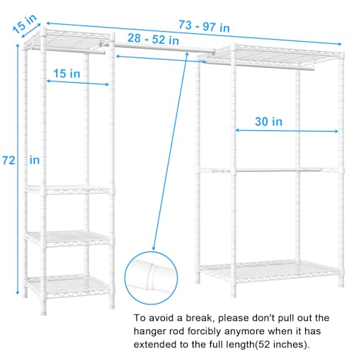 E10 Clothes Rack(With Stretchable Hanger Rod)Freestanding Clothing Racks for Hanging Clothes,Adjustable Closet Organizer System,Portable Garment Rack 73-97"W x 15" D x 72" H,Max Load 800LBS,White - color: White