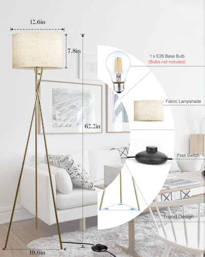 Lightdot 62IN Tripod Floor Lamps for Living Room, Modern Standing Lamp with Off-White Fabric Shade, Mid Century Industrial Standing Tall Lamp for Bedroom, Home Office-Gold - color: Tripod Fabric-Gold