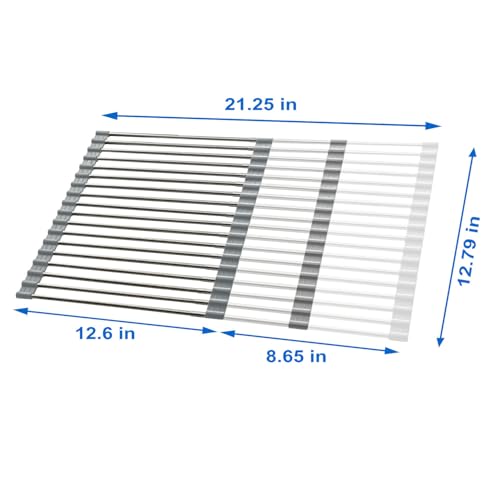CHIRISEN Expandable Large Roll Up Dish Drying Rack, Foldable Over The Sink Dish Drying Rack, Rolling Dish Drainer Stainless Steel Roll Rack for Kitchen Sink Counter (Gray, 21.25x12.79in)