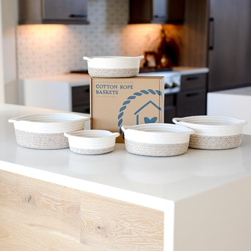NaturalCozy 5-Piece Round Woven Cotton Rope Storage Baskets for Organizing, Small Shallow Nesting Set for Montessori Toys, Entryway Catchall, Fruit Bowl, Key Tray, Remote Holder, Nursery & Pet Toys - color: Off White & Mixed Brown