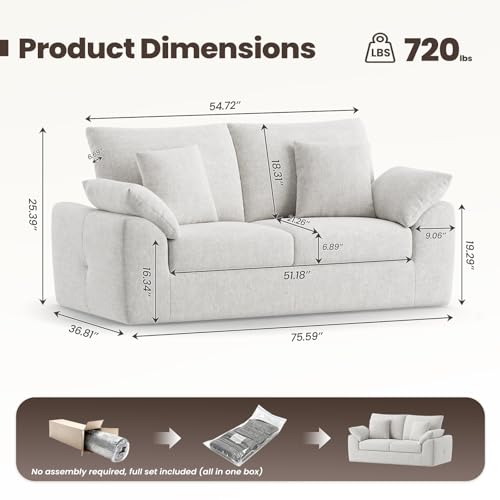 MALOL 75.6" Cloud Boneless Sofa, Loveseat Couches with 4 Pillows, Modern Living Room 2 Seater Sofa for Small Space, Apartment, No Assembly, Beige - color: New Beige, size: 75.6"