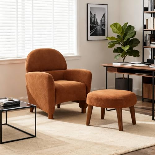 Accent Chair and Ottoman Set, Modern Upholstered Barrel Chair w/Footrest, Small Comfy Armchair Boucle Couch Single Sofa Chair for Living Room Lounge Bedroom Reading Corner, Orange - color: Orange, size: Barrel Chair