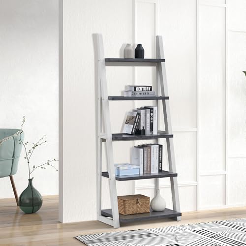 5-Tier Shelves,Bookshelf, Storage Rack, Bookcase with Rubber Wood Frame, Ladder Shelf for Living Room, Home Office, Kitchen, Bedroom, Apartmen (Grey+White 5-Tier)