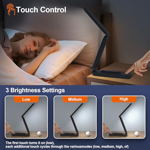Giryuhd LED Desk Lamp for Office Home & Battery Operated Lamp Rechargeable Lamp Foldable & Portable Light, LED Desk Light Strip, 3 Brightness Dimmable Small Desk Lamp Wireless Reading Lamp - color: Black