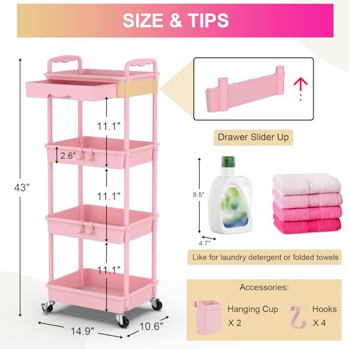 Goovilla 4 Tier Rolling Utility Cart Organizer with Removable Drawer, Pink | Stable and Sturdy Rolling Storage Carts with 2 Lockable Wheels for Bathroom, Kitchen, Snack, Craft, Makeup, Baby Essentials - size: 4 Tier, style: Pink