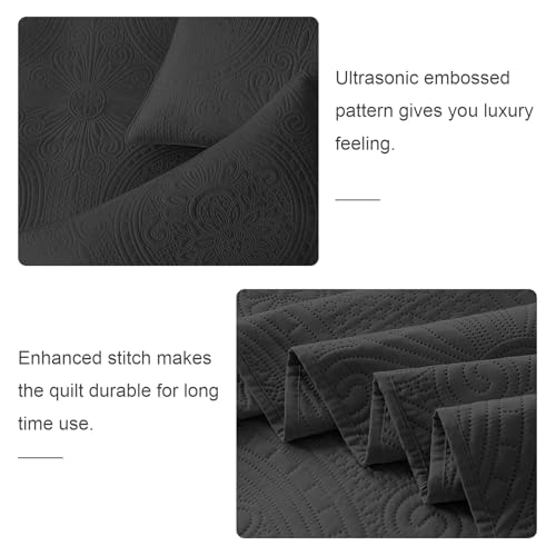 WURUIBO Full/Queen Quilt Set Black,Ultrasonic Embossed Bedspread, Lightweight Microfiber Coverlet, Modern Thin Bedding Set for All Season, 3 Piece(1 Quilt,2 Pillow Shams) - color: Black, size: Full/Queen(90"x96")