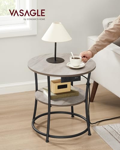 VASAGLE 21.7-Inch Round Side Table, 2-Tier End Table | Nightstand with Steel Frame, Spacious Top, for Small Spaces, Living Room, Bedroom, Heather Greige and Ink Black ULET077L01 - color: Heather Greige + Ink Black, style: With Power Strip